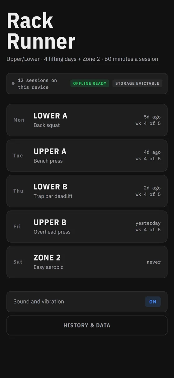 Rack Runner home screen: the week's plan, Lower A back squat on Monday through Zone 2 on Saturday, with how long ago each was done.