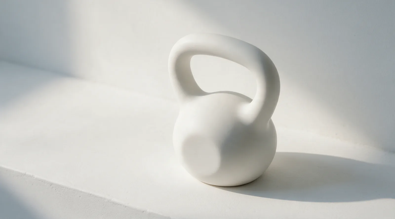 A white porcelain kettlebell on a plaster surface, lit from the upper left.