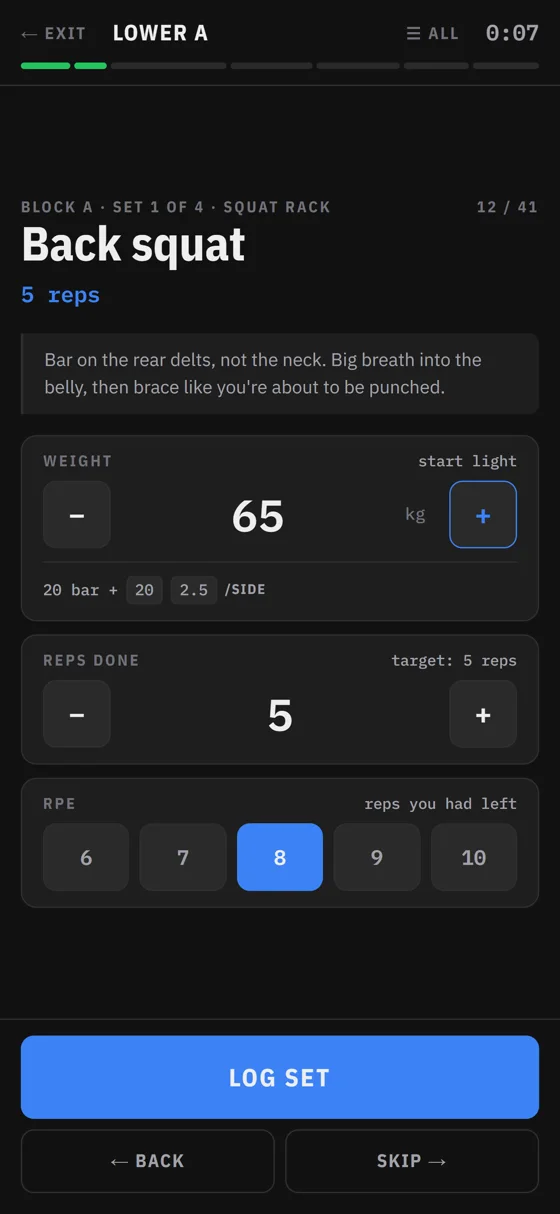 Rack Runner mid-session: back squat, set one of four, with weight, reps done and an RPE selector above a Log Set button.